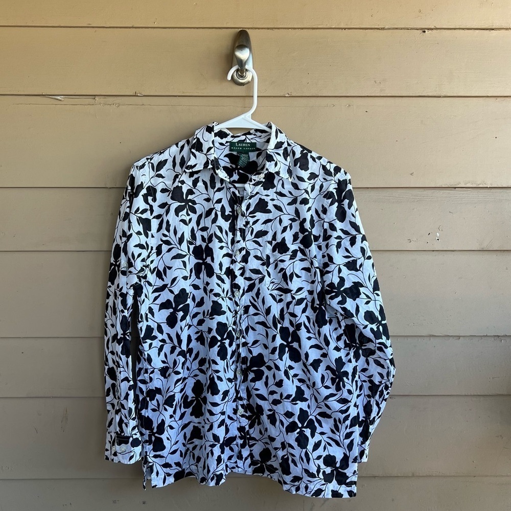 Lauren Ralph Lauren Floral Roll Tab Button Down Shirt Size L Lightweight Modest